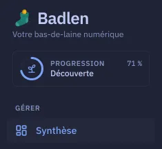 Le haut de la barre latérale : le nom Badlen, puis une entrée encadrée où un anneau tracé autour d'une pousse affiche Progression 57 % au-dessus du palier Découverte, et la première entrée du menu en dessous.