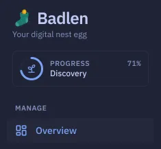 The top of the sidebar: the Badlen name, then a bordered entry where a ring drawn around a sprout reads Progress 57 % over the tier Discovery, and the first menu entry under it.