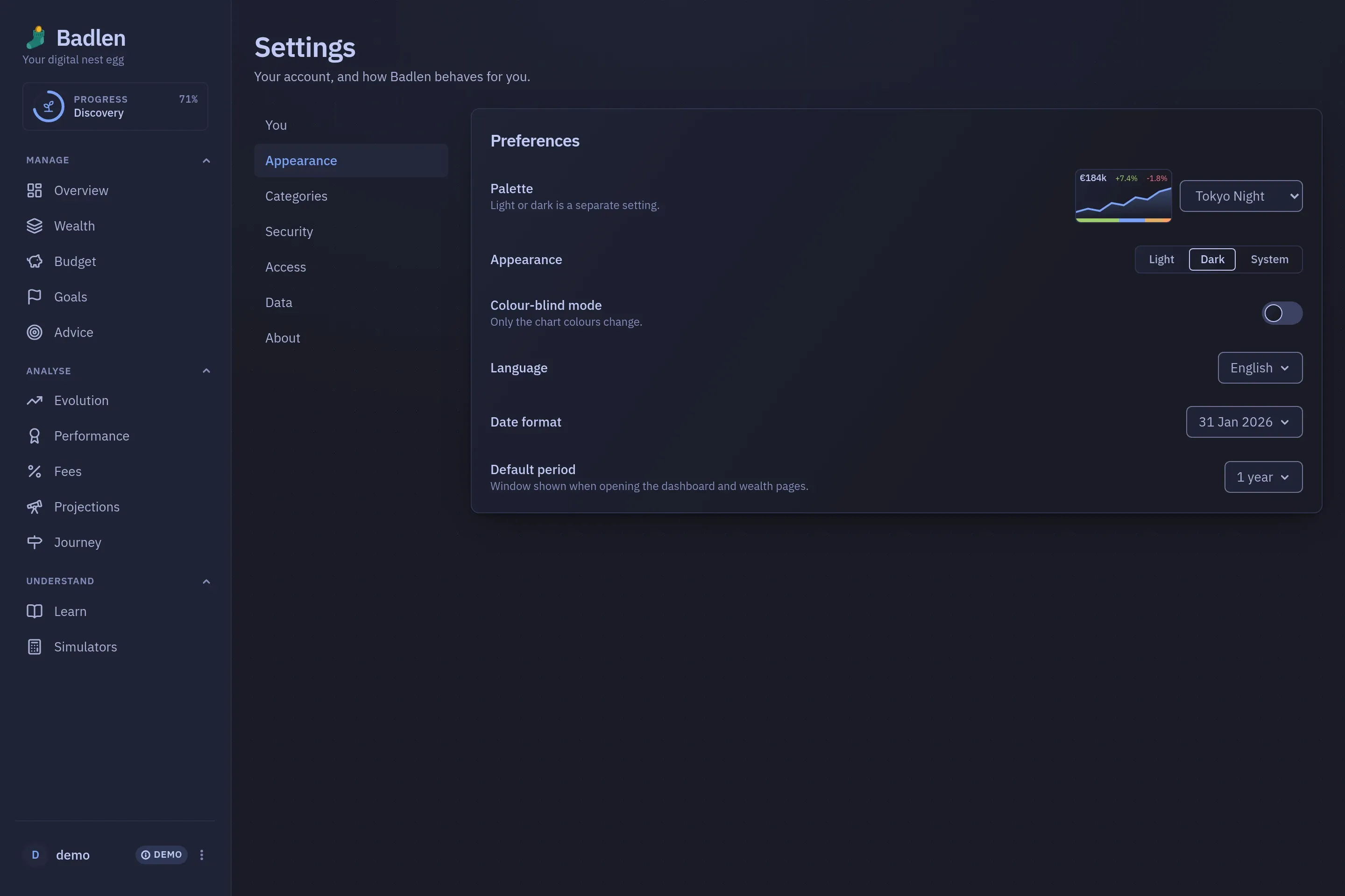 The Settings screen: the settings rail with Appearance open: the palette and its preview, light or dark, the language, the date format and the period a page opens on.