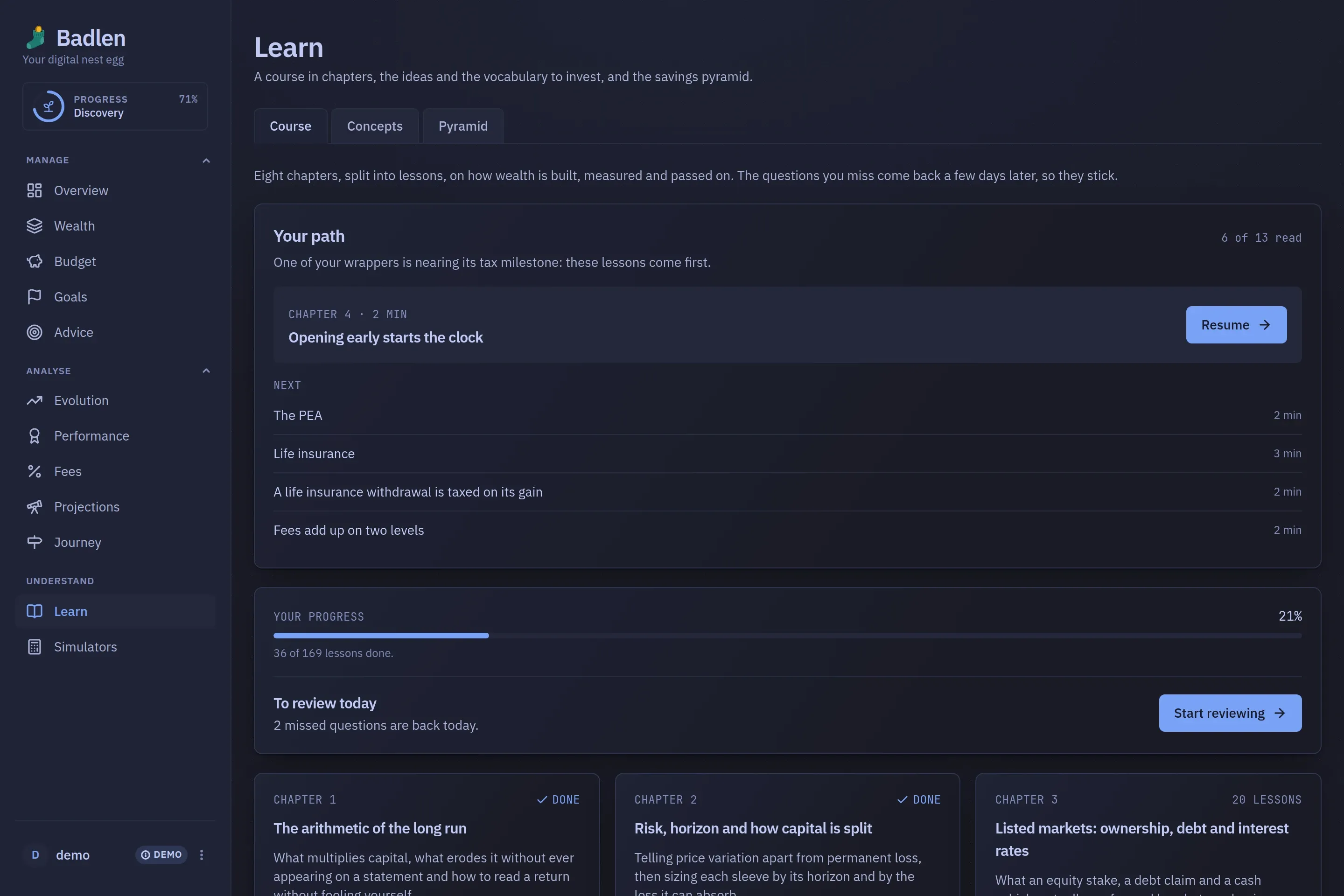 The Learn screen: the Course tab: the lesson to resume and the ones after it, how many lessons are done, the questions due back today, then the chapters.