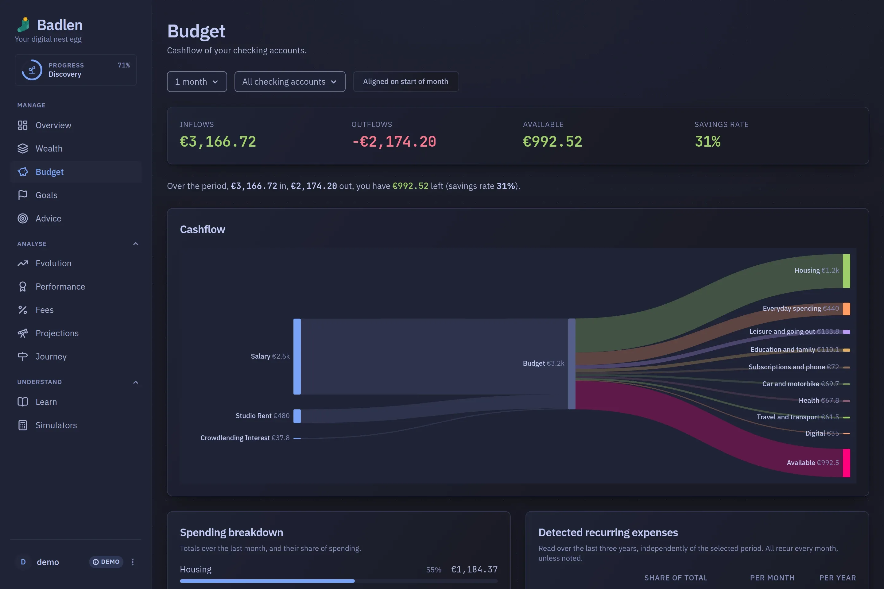 The Budget screen: the month drawn as a flow, from what came in to each thing it went to.