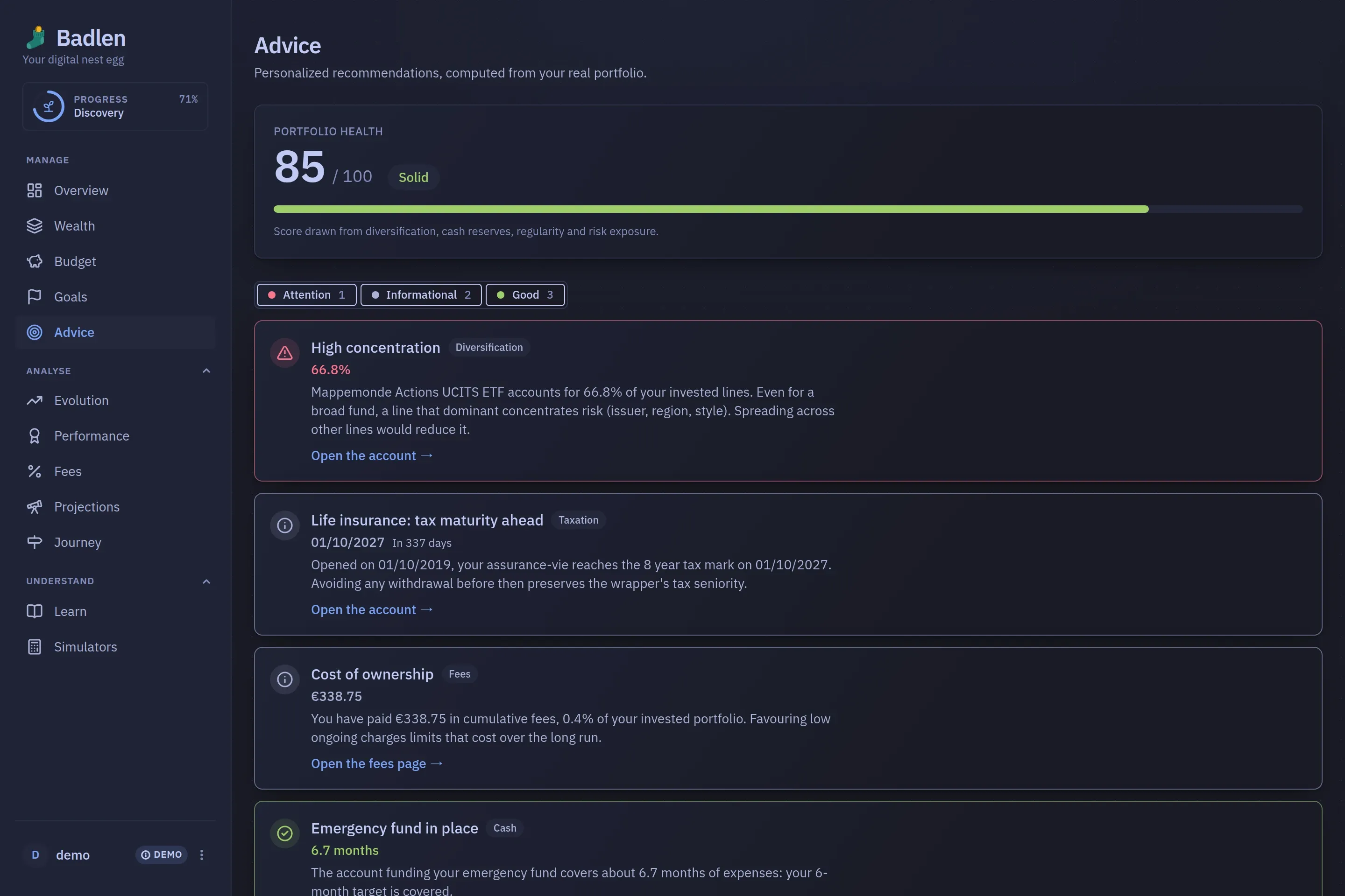 The Advice screen: a health score out of a hundred over a row of severity filters, then one card per finding.