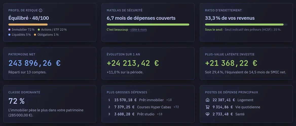 Le bas de la synthèse : neuf vignettes sur trois rangées, chacune avec un chiffre et une phrase en dessous, du profil de risque et du matelas de sécurité au patrimoine net, à la variation de l'année et aux plus gros postes de dépense.