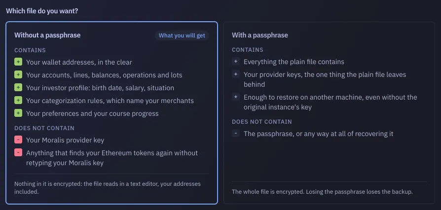 The question the export opens on and the two boxes answering it, side by side: without a passphrase, picked, and with a passphrase, each listing what its file holds and what it leaves behind.