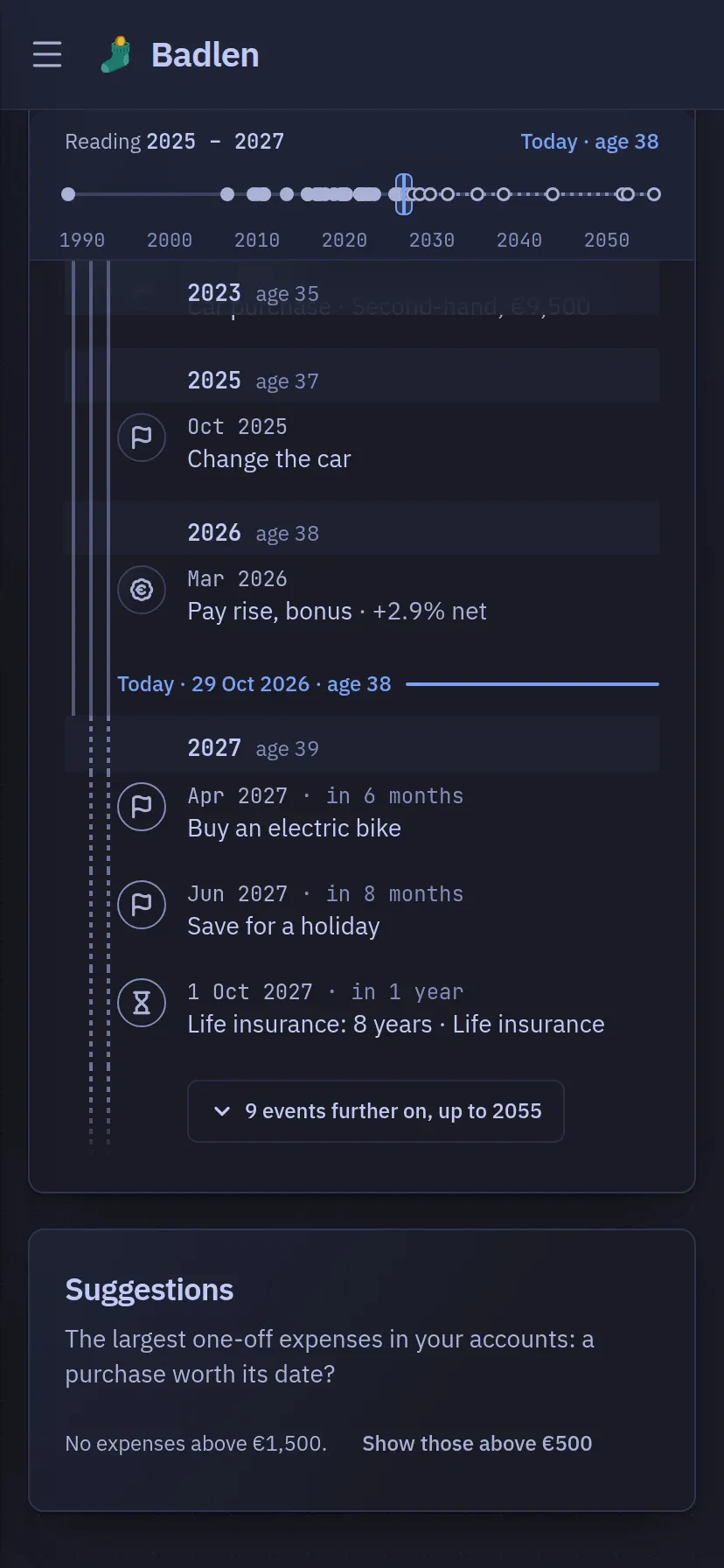 The Journey, on a phone screen: the band of a whole life with the years being read, then the chronology as one thread: what lies further on folded away, the coming year, today’s line with your age, then the past.