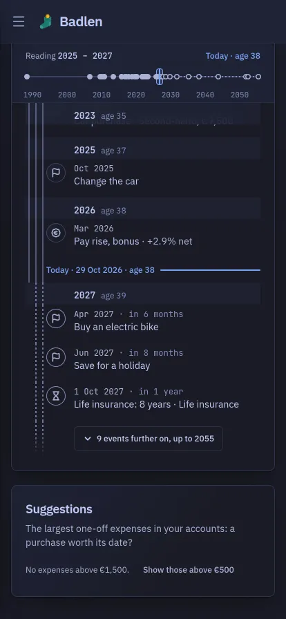 The Journey page on a phone: the strip of a whole life with the years being read framed on it, then the chronology as one thread, the past by year down to today's line with the reader's age, the coming year, and the events further on folded behind a button.