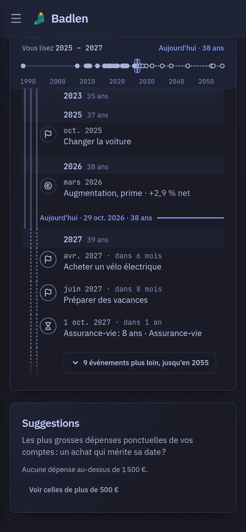 L’écran Parcours, sur un téléphone : la bande de toute une vie avec les années lues, puis la chronologie en un seul fil : ce qui est plus loin replié, l’année qui vient, la ligne d’aujourd’hui avec votre âge, puis le passé.