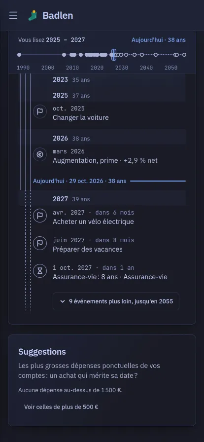 La page Parcours sur un téléphone : la bande de toute une vie avec, encadrées, les années lues, puis la chronologie en un seul fil, le passé année par année jusqu'à la ligne d'aujourd'hui avec l'âge du lecteur, l'année qui vient, et les événements plus lointains repliés derrière un bouton.