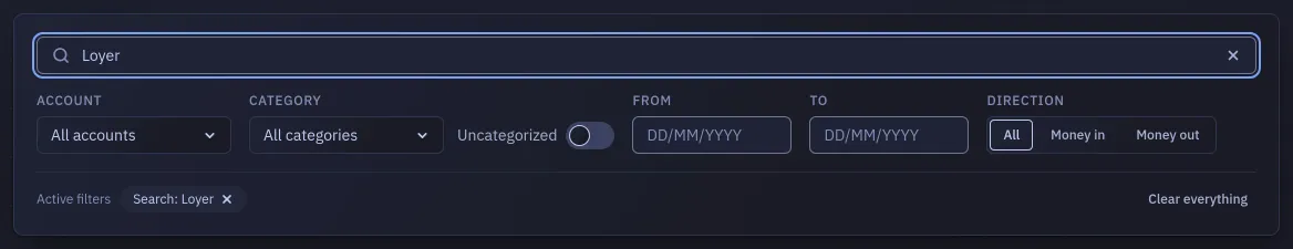 The filter card of the ledger: a search box, the account picker, the category picker followed by the Uncategorized switch, two date boxes and the direction as three words (All, Money in, Money out), with the search read back under them as a removable chip beside Clear everything.