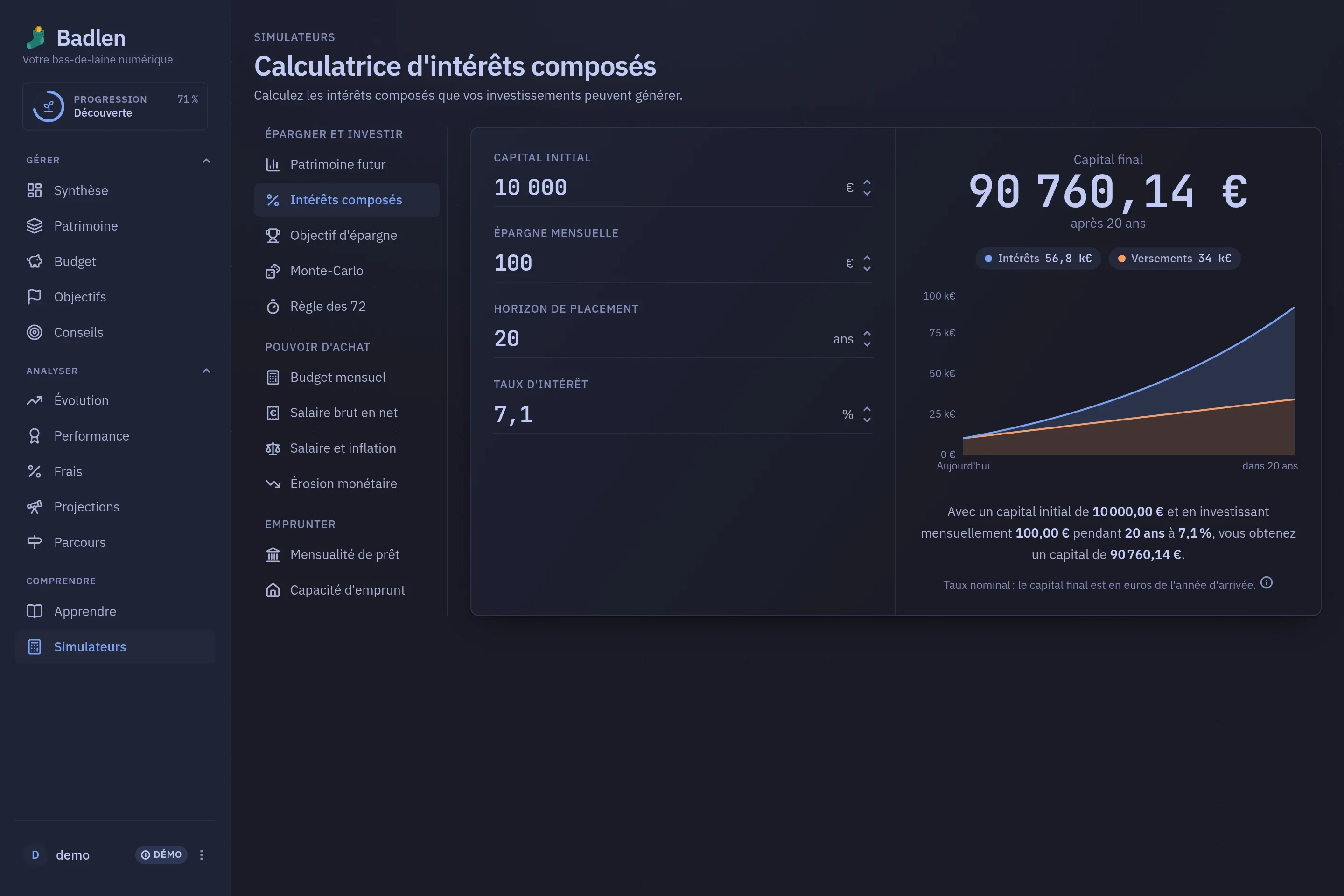 L’écran Simulateurs : les onze calculatrices dans un rail en trois familles, avec les intérêts composés ouverts à côté.