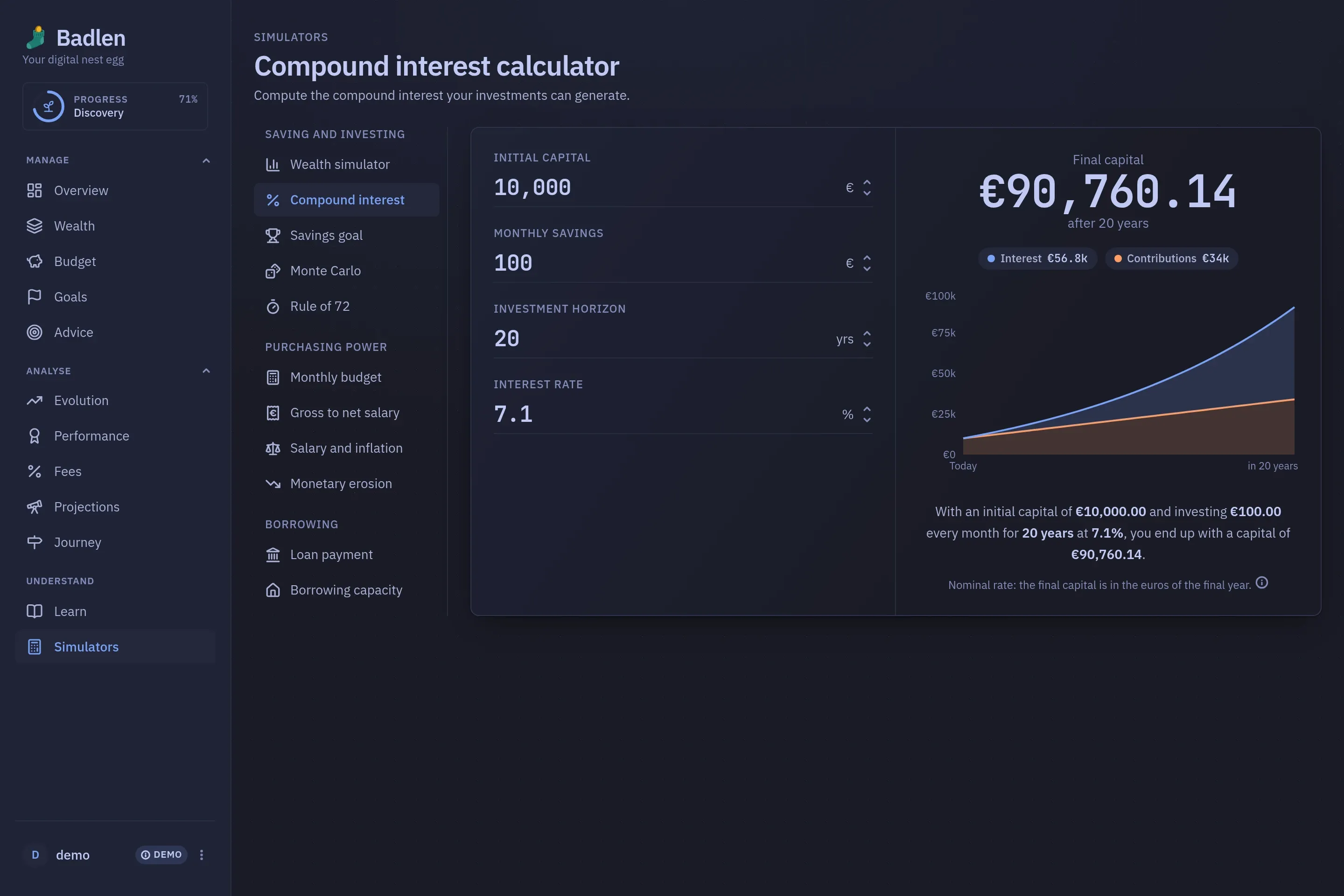 The Simulators screen: the eleven calculators in a rail of three families, with compound interest open beside it.