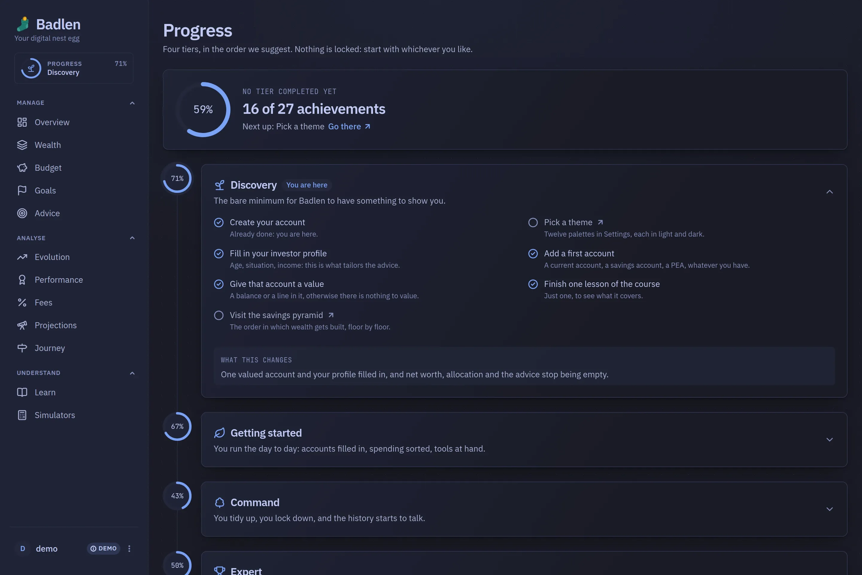 The Progress screen: the four tiers of achievements, the first one open on its list of steps and what completing it changes.
